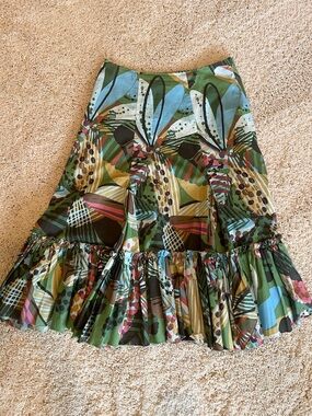 Anthropologie Abstract Floral Ruffle-Hem A-Line Midi Skirt - Green Multicolor